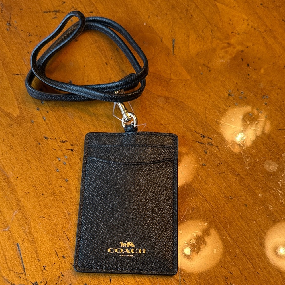 COACH Black Leather Lanyard Card Holder with Gold Logo